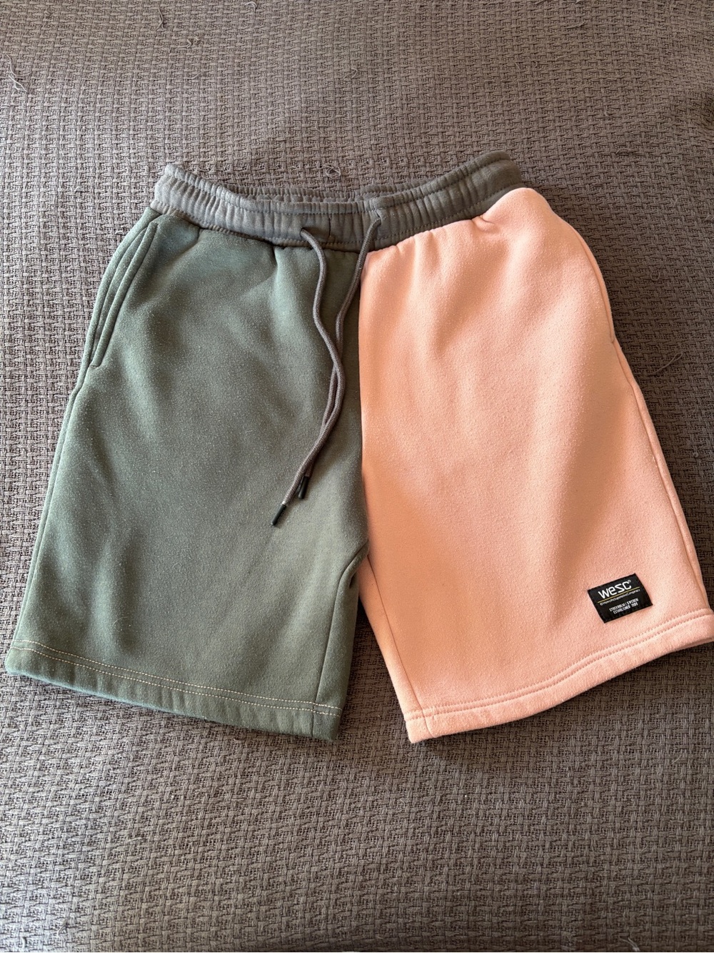 WESC Two-tone Fleece Shorts in Olive Green & Peach Unisex Sizing Elastic Waist